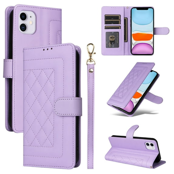 for iPhone 11 Wallet Flip Case, Classic PU Leather Card Slots with Lanyard Magnetic Closure Kickstand Drop Protective Soft TPU Inner Phone Case Cover for iPhone 11, Purple