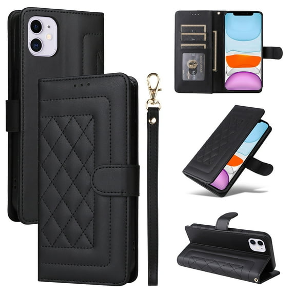for iPhone 11 Wallet Flip Case, Classic PU Leather Card Slots with Lanyard Magnetic Closure Kickstand Drop Protective Soft TPU Inner Phone Case Cover for iPhone 11, Black