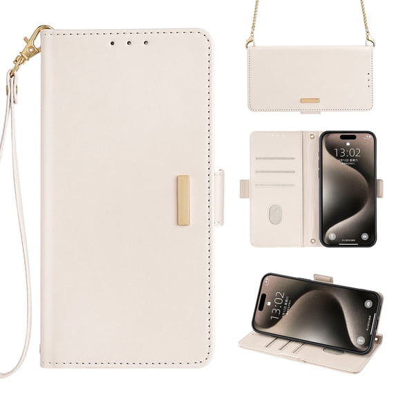 for iPhone 11 Wallet Flip Case, Elegant Wrist Strap and Shoulder Chain Credit Card Slots Cash Slot RFID Blocking PU Leather Kickstand Phone Case Cover for iPhone 11, White