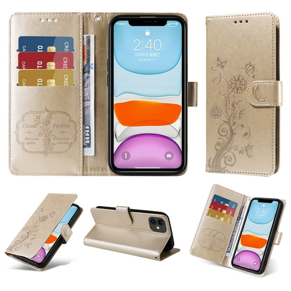 for iPhone 11 Wallet Phone Case,Women Flip Folio Cover with Credit Card Holders Emboss Butterfly & Flower PU Leather Purse Kickstand Case With Wrist Strap for iPhone 11,Gold