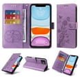 thumbnail image 1 of for iPhone 11 Wallet Phone Case,Women Flip Folio Cover with Credit Card Holders Emboss Butterfly & Flower PU Leather Purse Kickstand Case With Wrist Strap for iPhone 11,Purple, 1 of 9
