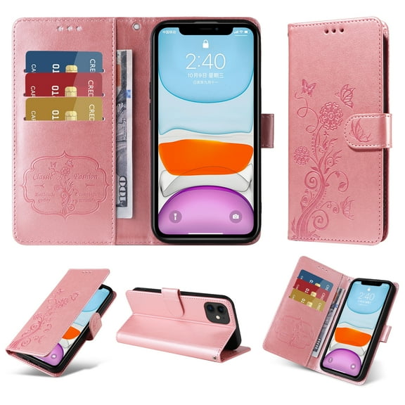 for iPhone 11 Wallet Phone Case,Women Flip Folio Cover with Credit Card Holders Emboss Butterfly & Flower PU Leather Purse Kickstand Case With Wrist Strap for iPhone 11,Pink