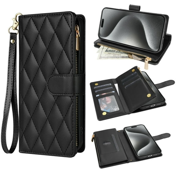 for iPhone 11 Wallet Phone case with Card Holder,Kickstand RFID Blocking PU Leather Flip Shockproof Phone Cover with Hand Strap Zipper Credit Card Holder Slots for Women Men,Black