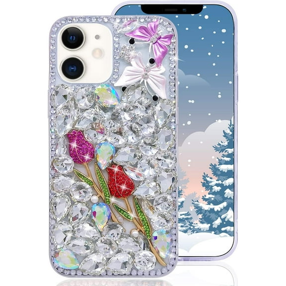 for iPhone 11 Women Girl Glitter Diamond Case Luxury Bling Butterfly Rose Sparkly Rhinestone Pearl Crystal Bumper Soft Silicone Rubber Protective Cover Case for iPhone 11 Pink