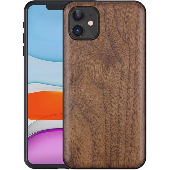 iPhone 11 Wood case - Real Natural Wood,- Slim Shockproof Hybrid Wooden Cover (Walnut)