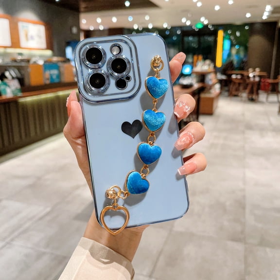 for iPhone 11 with Wrist Strap,Cute Love Heart Full Camera Lens Protection with Side Small Pattern Shockproof Plating Bumper Soft TPU Phone Case Cover For iPhone 11, Blue