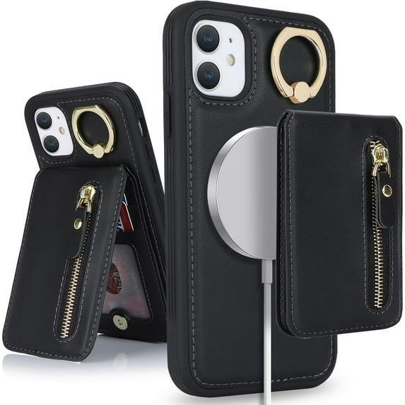 iPhone 11 case with Card Holder, iPhone 11 Phone Case Wallet for Women magsafe Compatible Wallet Detachable 2-in-1 for Men-Black