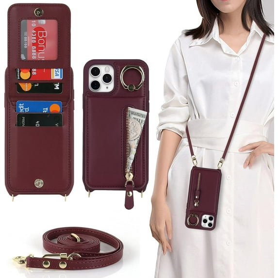 iPhone 11 pro Phone Case with Card Holder for Women, iPhone 11 pro Case Wallet with Strap Credit Card Slots Crossbody with Kickstand Zipper Case for iPhone11pro - Red Wine