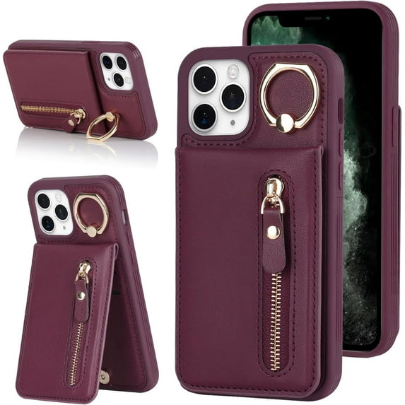 iPhone 11 pro max Case with Card Holder for Women, iPhone 11 pro max Phone Case Wallet with Credit Card with Ring Kickstand Zipper Shockproof Slim Stand Case for iPhone11promax - Red Wine