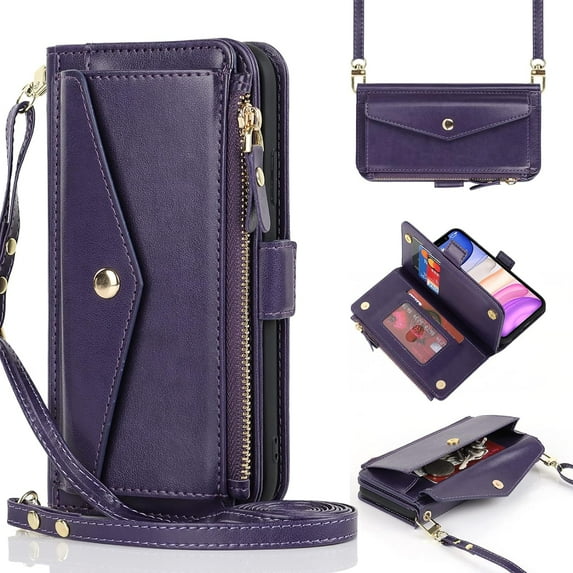 for iPhone 11 pro max Wallet case with Zipper Card Holders for Women,iPhone 11 pro max Phone Cases Slots Crossbody Flip Folio Book Cover with Credit Card Holder Men case - Purple