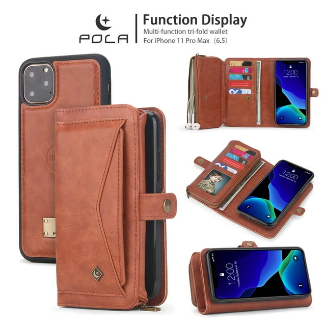iPhone 11Pro 5.8 inch Wallet Case, Dteck 2 in 1 Leather Zipper Purse Multi-Function Tri-fold Wallet Case Detachable Magnetic Phone Cover with 14 Card Slots Money Pocket For iPhone 11 Pro,Brown