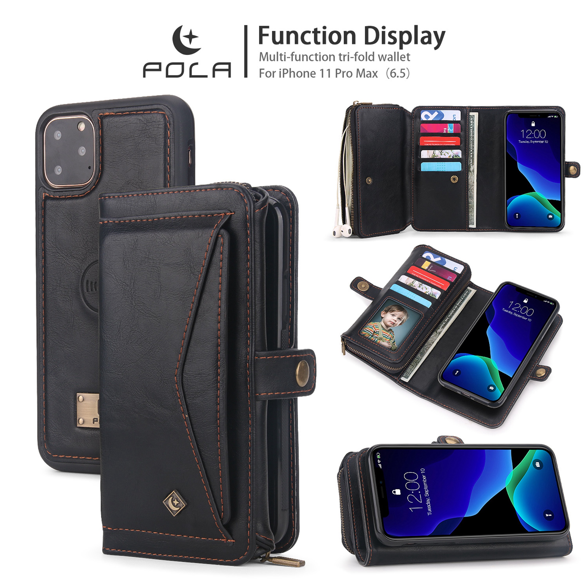 iPhone 11Pro Max 6.5 inch Wallet Case, Dteck 2 in 1 Leather Zipper Purse Multi-Function Tri-fold Wallet Case Detachable Magnetic Phone Cover with 14 Card Slots Money Pocket For iPhone 11 Pro Max,Black - image 1 of 11