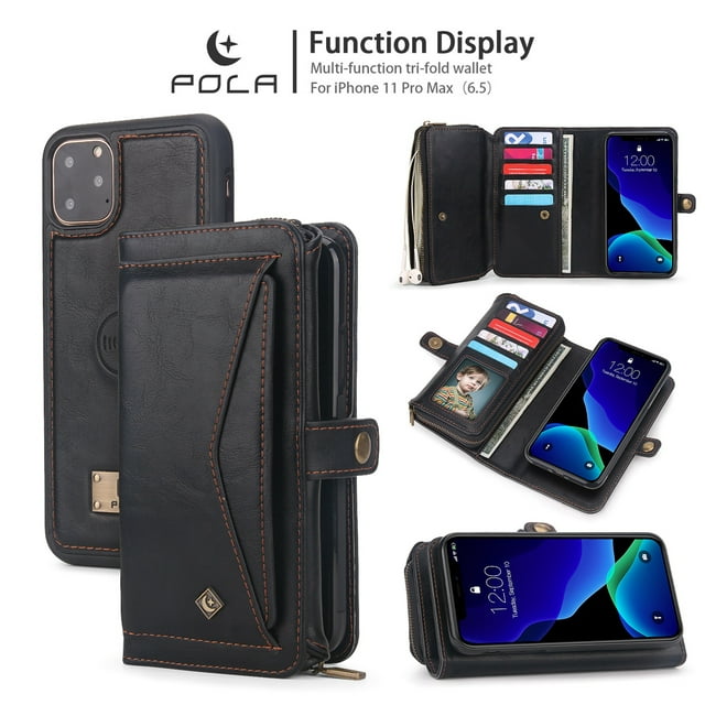 iPhone 11Pro Max 6.5 inch Wallet Case, Dteck 2 in 1 Leather Zipper Purse Multi-Function Tri-fold Wallet Case Detachable Magnetic Phone Cover with 14 Card Slots Money Pocket For iPhone 11 Pro Max,Black