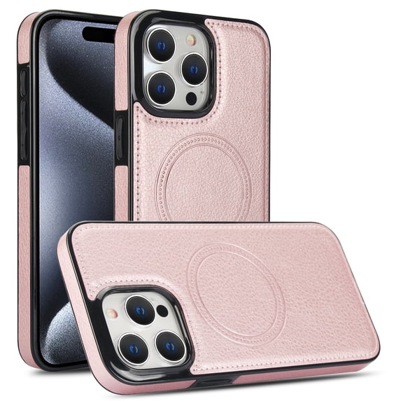for iPhone 12/12 Pro Back Case, Litchi Texture PU Leather Phone Cover with TPU Frame Ultra-Stylish Magsafe Compatible and Shockproof Drop Protection Case Cover for iPhone 12/12 Pro,Rosegold