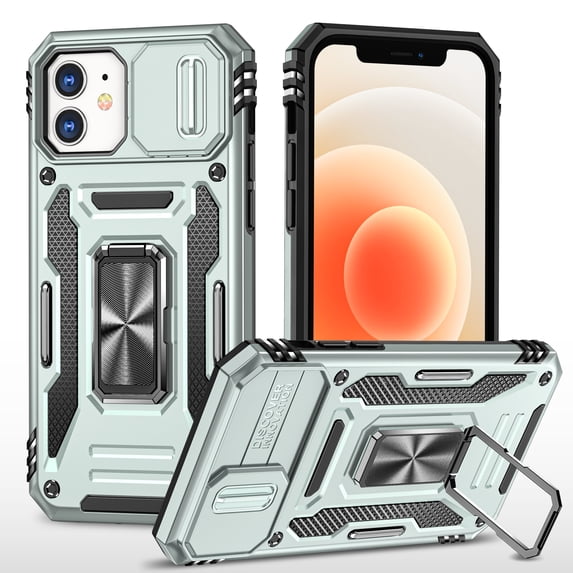 for iPhone 12/12 Pro Case with 360° Rotate Ring Kickstand & Sliding Camera Cover & Support Magnetic Car Mount Holder Military Grade Drop Protection Case for iPhone 12/12 Pro, Gray