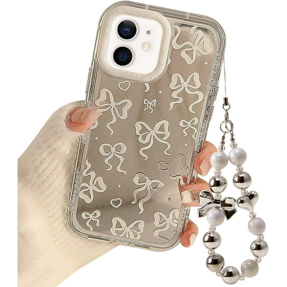for iPhone 12/12 Pro Case Bow Plating Mirror Cute Heart Women Girls Teens Ribbon Design Girly Aesthetic Bows Y2k Protective Phone Cover with Charm Chain