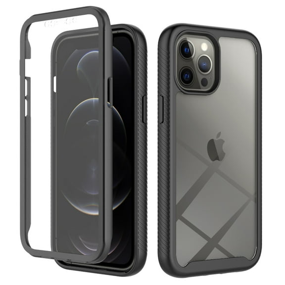 iPhone 12/12 Pro Case with Built in Screen Protector,Dteck Full-Body Shockproof Rubber Hybrid Protection Crystal Clear PC Back Protective Phone Case Cover for Apple iPhone 12 Pro/iPhone 12,Black