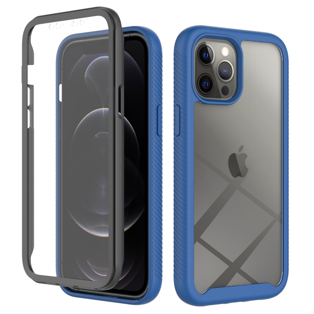iPhone 12/12 Pro Case with Built in Screen Protector,Dteck Full-Body  Shockproof Rubber Hybrid Protection Crystal Clear PC Back Protective Phone  Case Cover for Apple iPhone 12 Pro/iPhone 12,Darkblue 