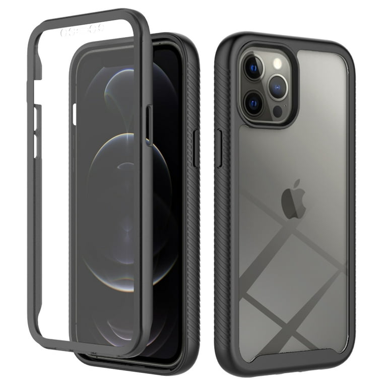 iPhone 12/12 Pro Case with Built in Screen Protector,Dteck Full-Body  Shockproof Rubber Hybrid Protection Crystal Clear PC Back Protective Phone Case  Cover for Apple iPhone 12 Pro/iPhone 12,Black 