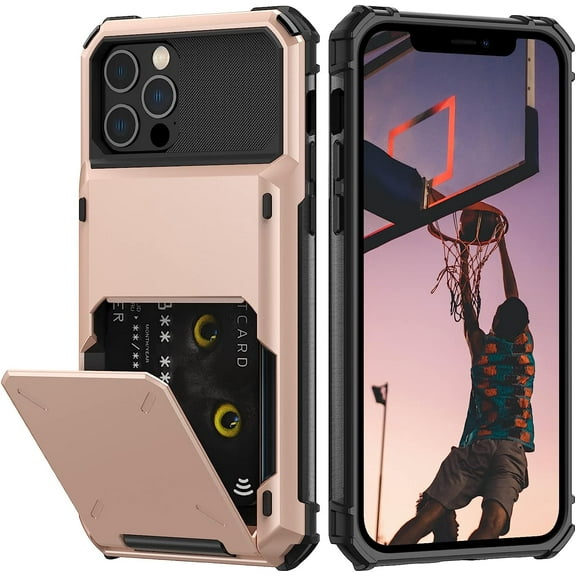 for iPhone 12/12 Pro Case with Card Holder[Store 5 Cards] Dual Layer Heavy Duty Shockproof iPhone 12 Wallet Case with Hidden Card Slot Large Storage Case for iPhone 12(Rose Gold)