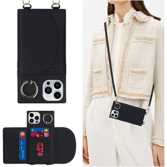 for iPhone 12/12 Pro Case with Card Holder for Women,Stand Ring Kickstand,Crossbody Lanyard,Credit Card Slots,Flip PU Leather Wallet Phone Casas(Black)