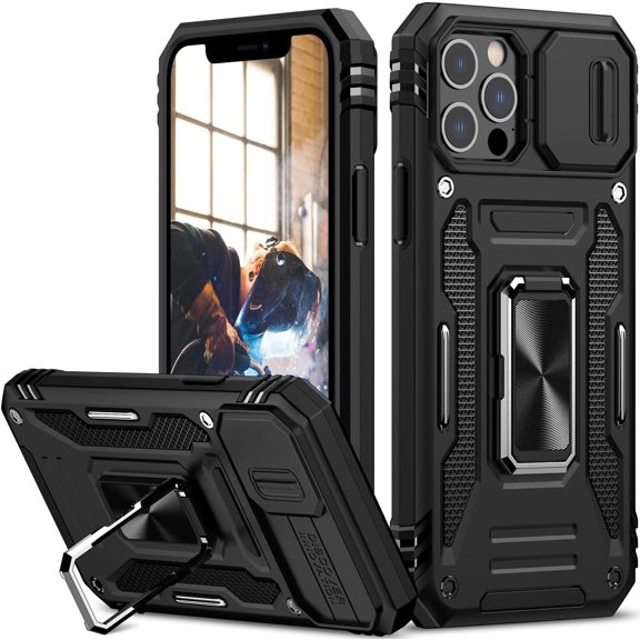 for iPhone 12/12 Pro Case with Slide Camera Cover Drop Tested Military Grade Heavy Duty Protective Durable Sturdy Rotate Ring Kickstand Phone Case for iPhone 12/12 Pro(Black)