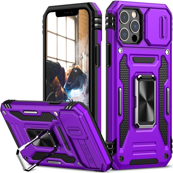 for iPhone 12/12 Pro Case with Slide Camera Cover Drop Tested Military Grade Heavy Duty Protective Sturdy Rotate Ring Kickstand Phone Case for iPhone 12/12 Pro(Purple)