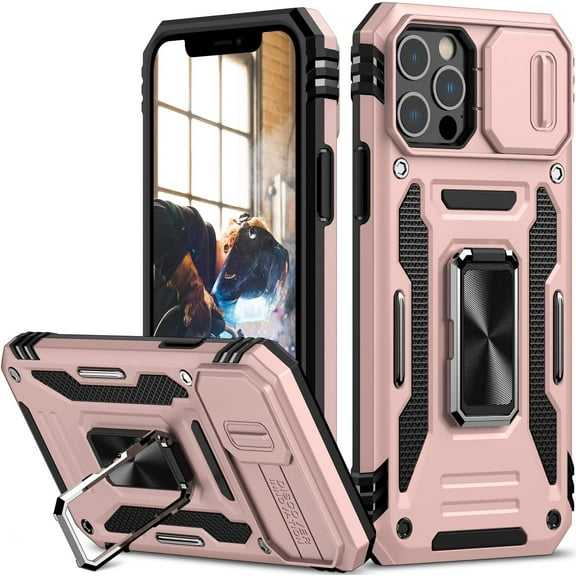 for iPhone 12/12 Pro Case with Slide Camera Cover Drop Tested Military Grade Heavy Duty Protective Sturdy Rotate Ring Kickstand Phone Case for iPhone 12/12 Pro(Rose Gold)