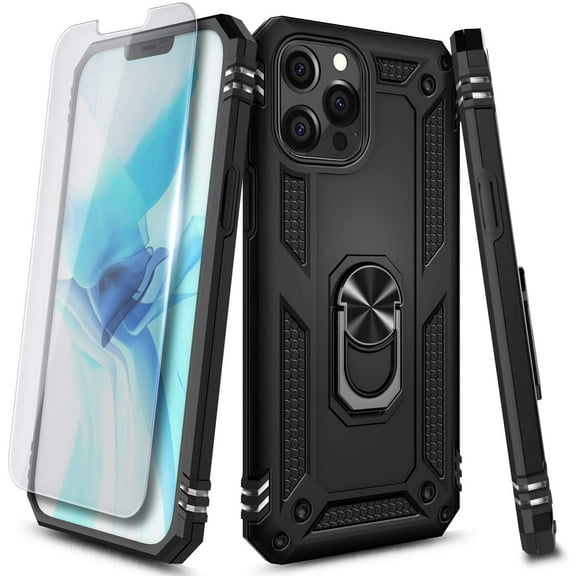 For iPhone 12 / 12 Pro Case with Tempered Glass Screen Protector, Nagebee Military Armor [Magnetic Ring Holder & Kickstand] Shockproof Protective Cover (Black)
