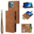 thumbnail image 1 of for iPhone 12/12 Pro Case Wallet with Card Slots, Premium Soft PU Leather Zipper Folio Flip with Wrist Strap Kickstand Protective Phone Cover for iPhone 12/12 Pro Handbag Wallet Case, Brown, 1 of 8