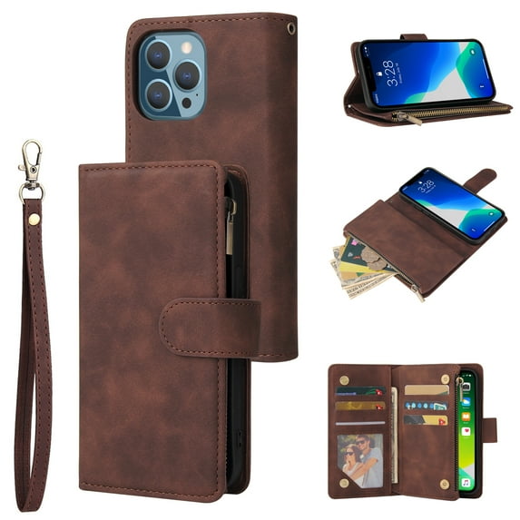 for iPhone 12/12 Pro Case Wallet with Card Slots, Premium Soft PU Leather Zipper Folio Flip with Wrist Strap Kickstand Protective Phone Cover for iPhone 12/12 Pro Handbag Wallet Case, Coffee