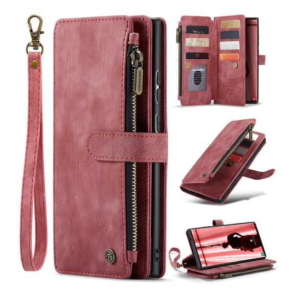 for iPhone 12/12 Pro Case Wallet for Women and Men, iPhone 12/12 Pro Case, PU Leather Magnetic Flip Strap Wristlet Zipper Card Holder Wallet Business Phone Cover for iPhone 12/12 Pro, Red