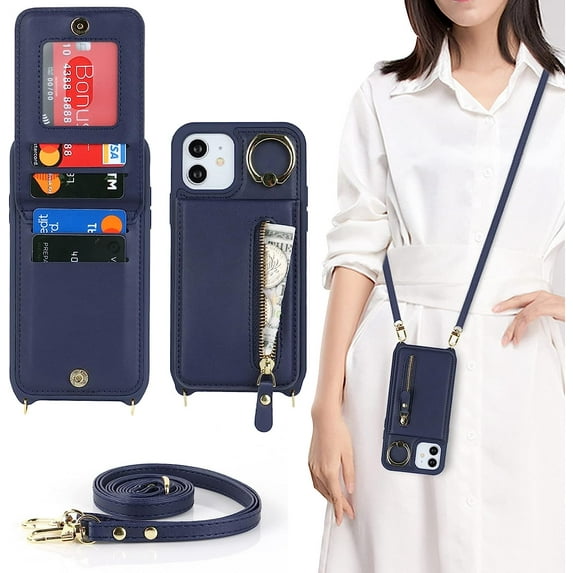 iPhone 12/12 Pro Case for Women with Card Holder, iPhone 12/12 Pro Phone Case Wallet with Strap,Crossbody Lanyard Cases with Credit Card Slots Kickstand and Stand Ring Holder,6.1 Inch,Blue