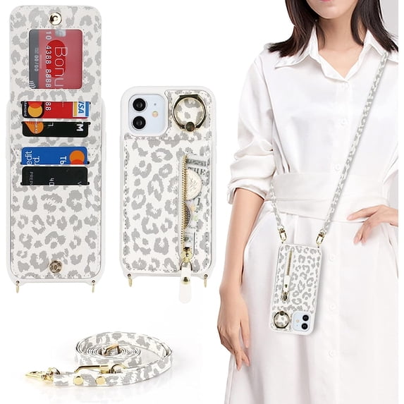 iPhone 12/12 Pro Case for Women with Card Holder, iPhone 12 Phone Case Wallet with Strap,Crossbody Lanyard Cases with Credit Card Slots Kickstand and Stand Ring Holder,6.1 Inch,White Leopard