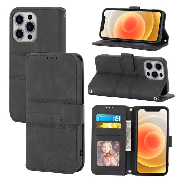 for iPhone 12/12 Pro Flip Case, Premium PU Leather Folio Flip with Design Card Slots Wrist Strap Shockproof Kickstand Magnetic Protective Girls Cover For iPhone 12 Pro / 12 6.1", Black