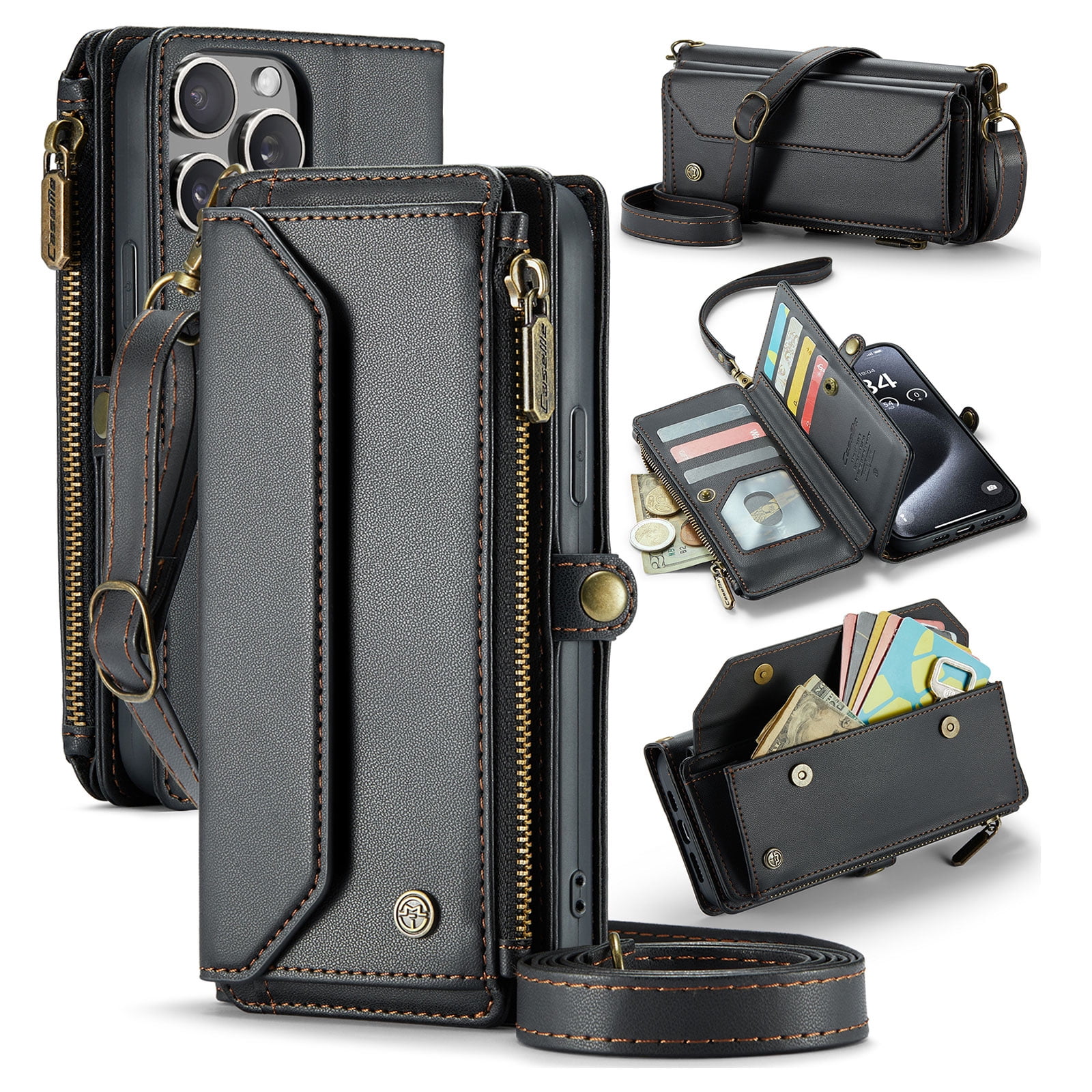 for iPhone 12/12 Pro Full Body Protection Wallet Folio Flip Case, Shoulder Strap & Wristlet Card Slots Zipper Pocket RFID Blocking Rugged Durable PU Leather Phone Case Cover, Black