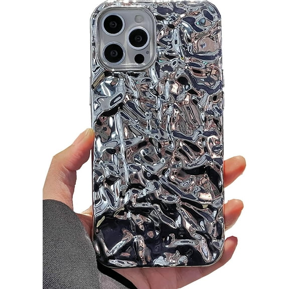 iPhone 12 12 Pro Glitter Case, Fashion Bling Glitter Silver Cute Soft Silicone Tin Foil 3D Pleats Women Girls Shockproof Soft Case Cover for iPhone 12 iPhone 12 Pro