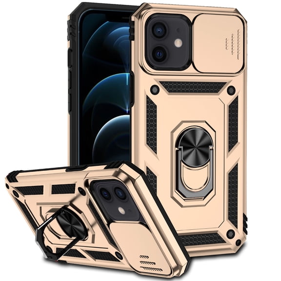 iPhone 12 / 12 Pro Kickstand Armor Case with Slide Camera Lens Protection Cover Built-in 360掳 Rotate Ring Holder Stand Magnetic Military Shockproof Phone Cover Case for iPhone 12 / 12 Pro, Gold