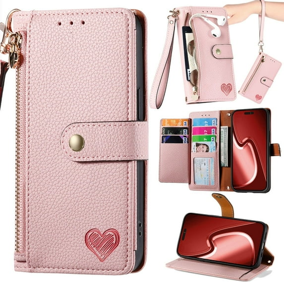 for iPhone 12/12 Pro Leather Phone Case Wallet Zipper Pocket Pouch Folio Flip Cover Kickstand, Multi Anti-theft Card Holder Cash Slot, Double Magnetic Buckle, Wrist Lanyard