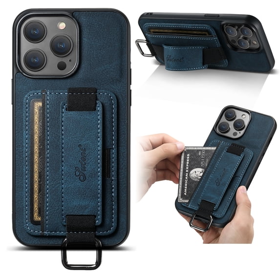 for iPhone 12/12 Pro PU Leather Card Slots Back Case, Classic Wristband Kickstand Finger Ring Shockproof Protective TPU Frame Phone Case for iPhone 12/12 Pro Women Men Boys Girls, Blue