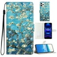 thumbnail image 1 of for iPhone 12/12 Pro PU Leather Flip Case, Stylish Wrist Strap Kickstand Magnetic Card Slots Pattern Shockproof Protective Durable Portable Ultra Slim Phone Case for Men Women - Blue Apricot Flower, 1 of 9