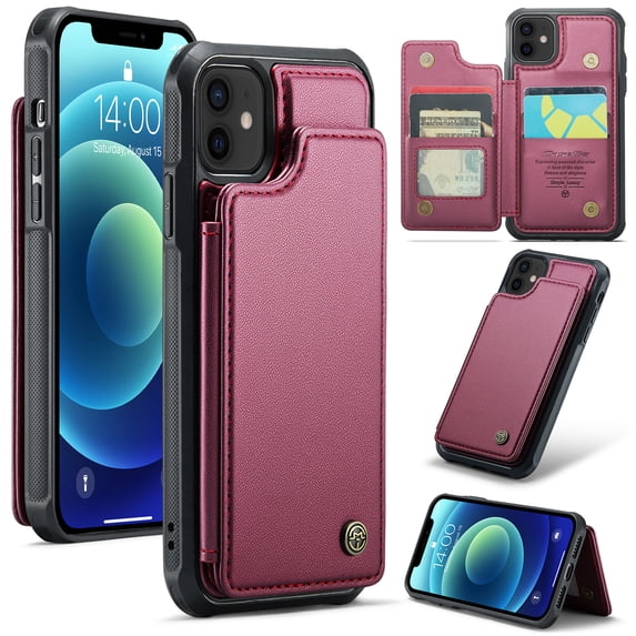 for iPhone 12/12 Pro Premium PU Leather Back Case, Multiple Card Slots Design, Double Magnetic Clasp Study Kickstand RFID Blocking Classic Phone Cover for iPhone 12/12 Pro, Winered