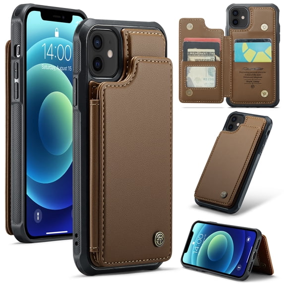 for iPhone 12/12 Pro Premium PU Leather Back Case, Multiple Card Slots Design, Double Magnetic Clasp Study Kickstand RFID Blocking Classic Phone Cover for iPhone 12/12 Pro, Brown