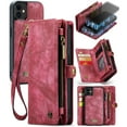 thumbnail image 1 of for iPhone 12/12 Pro Premium PU Leather Folding Case, Multiple Card Slots Design, Wrist Strap Zipper Pocket Kickstand Magnetic Snap, Wireless Charging for iPhone 12/12 Pro, Red, 1 of 9