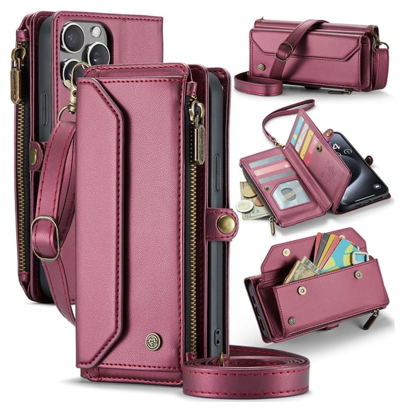 for iPhone 12/12 Pro Rugged Case, Classic PU Leather Shoulder Strap Wrist Strap Zipper Pocket RFID Blocking Wireless Charging Kickstand Case Cover for iPhone 12/12 Pro, Winered
