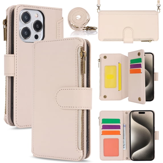 for iPhone 12/12 Pro Rugged Case, RFID Blocking Wallet Case for Women Men with Card Holder Zipper Magnetic Flip PU Leather Wrist Strap & Shoulder Strap Protective Cover for iPhone 12/12 Pro, White