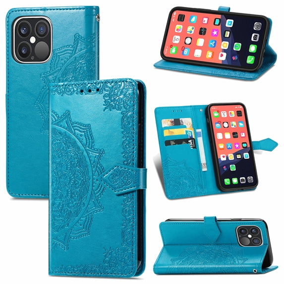 iPhone 12/12 Pro Wallet Case 6.1", Mandala Premium PU Leather Flip Stand Protective Cover with Card Slots Secure Magnetic, Blue