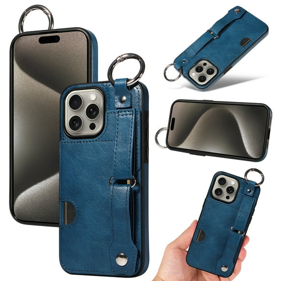 for iPhone 12/12 Pro Wallet Case with Card Holder, Hand Wrist Strap Loop Holder Kickstand, Finger Grip Ring Buckle PU Leather Double Buttons Shockproof Cover for iPhone 12/12 Pro, Blue