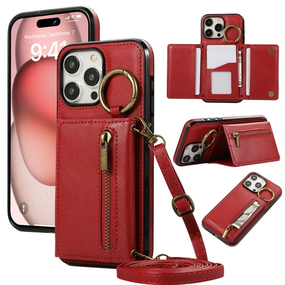 for iPhone 12/12 Pro Wallet Case with Card Holders for Women Girls, Crossbody Strap Zipper PU Leather Case with Finger Ring Protective Kickstand Designed for iPhone 12/12 Pro, Red