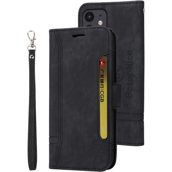 iPhone 12/12 Pro Wallet Case,PU Leather Folio Kickstand Card Slots Cover for iPhone 12/12 Pro,Book Folding Flip Case with Detachable Wrist Strap,Protective Cover for iPhone 12/12 Pro,Black
